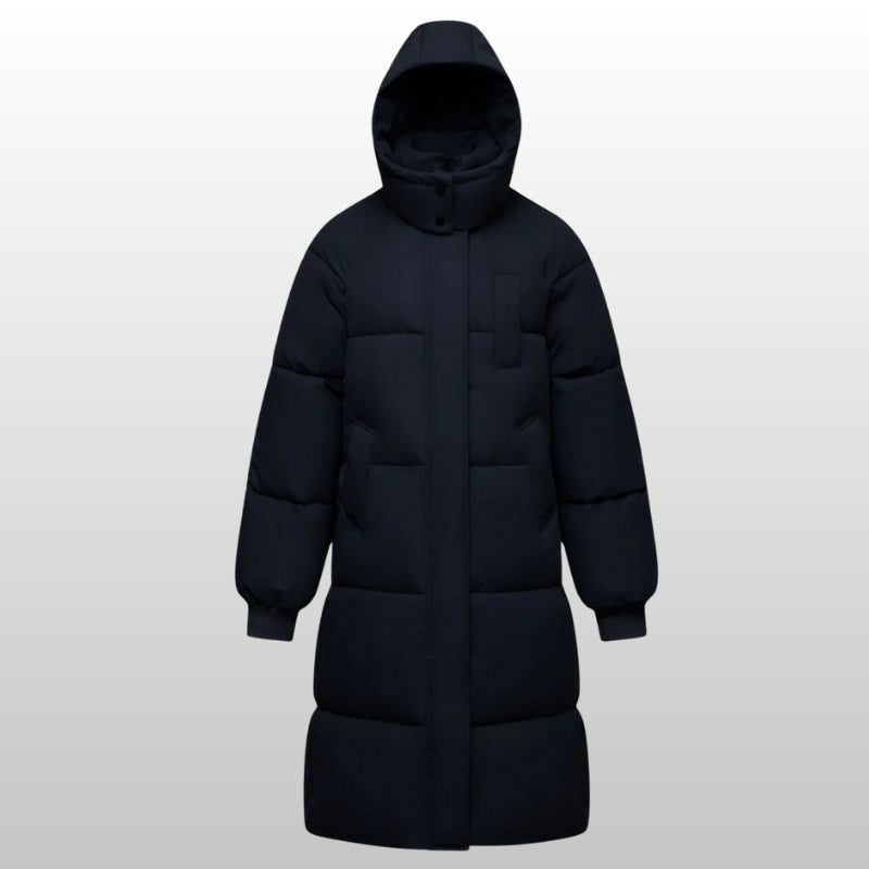 Warm Black Long Hooded Puffer Coat for Women with Zip Front Belted Waist Quilted Insulated Winter Style