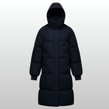 Warm Black Long Hooded Puffer Coat for Women with Zip Front Belted Waist Quilted Insulated Winter Style