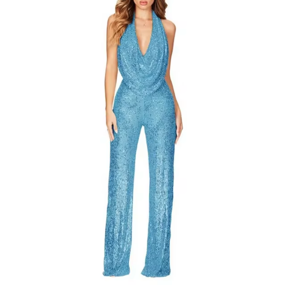Elegant Sequin Jumpsuit for Women with Halter Cowl Neck Sleeveless Wide Leg Sparkle Formal Party Style