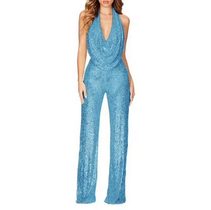 Elegant Sequin Jumpsuit for Women with Halter Cowl Neck Sleeveless Wide Leg Sparkle Formal Party Style