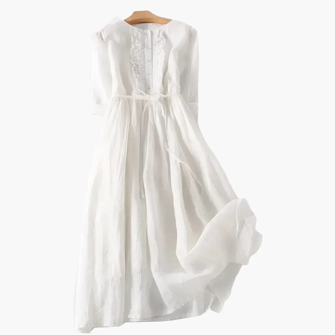 Elegant White Dress for Women with Round Neck Elbow Sleeve Tie Belt Flowing Maxi Style