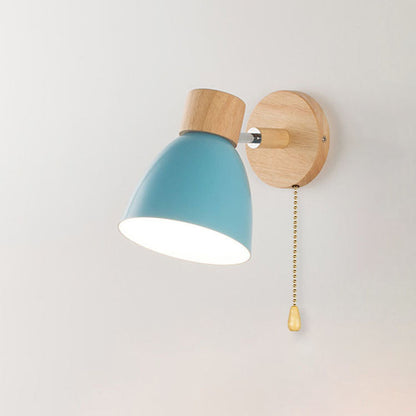 Macaron Wall Lamp Wood Metal Adjustable Shade Pull-Chain Nordic Bedside Sconce Wall Light