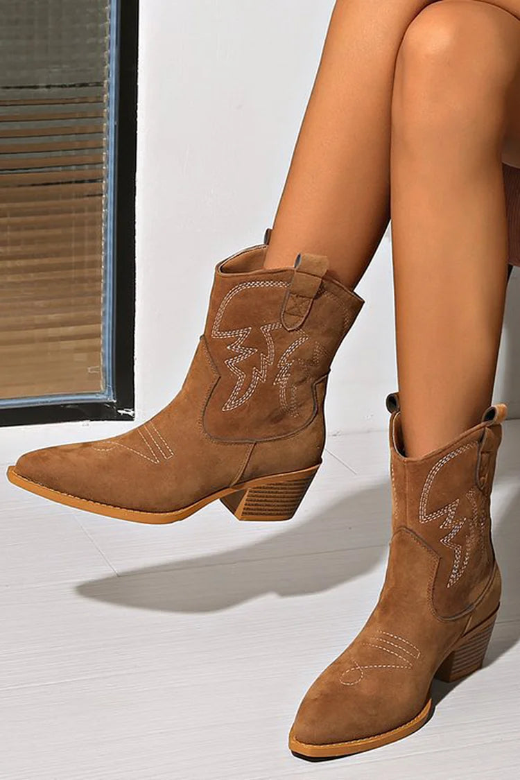 Stylish Brown Suede Western Ankle Boots for Women with Pointed Toe Stacked Heel Stitched Detail Style