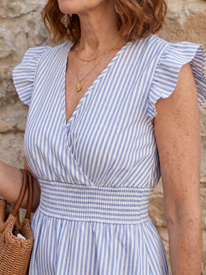 Elegant Blue Striped Mini Dress for Women with V Neck Flutter Sleeve Smocked Waist Flowing Style