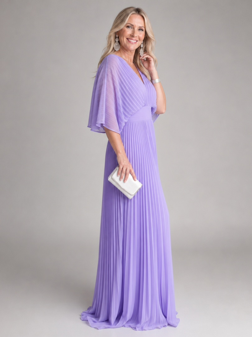 Elegant Purple Dress for Women with V Neck Flutter Sleeve Pleated Flowing Wedding Guest Style