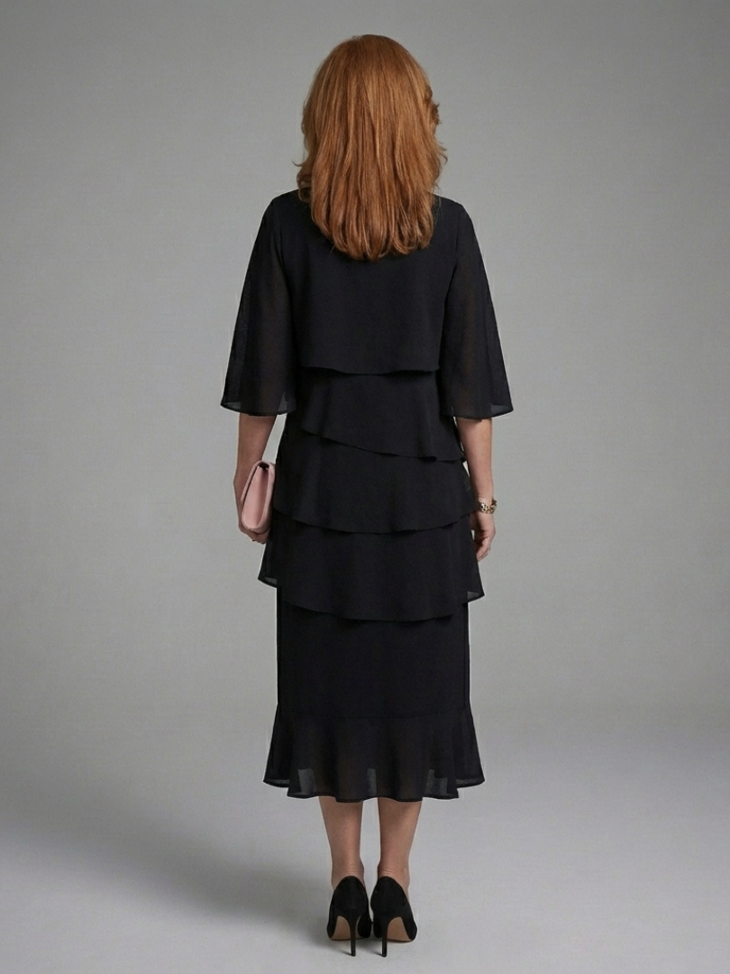Elegant Black Tiered Fall Wedding Guest Dress for Women with Round Neck Flutter Sleeve Ruffle Hem Flowing Style