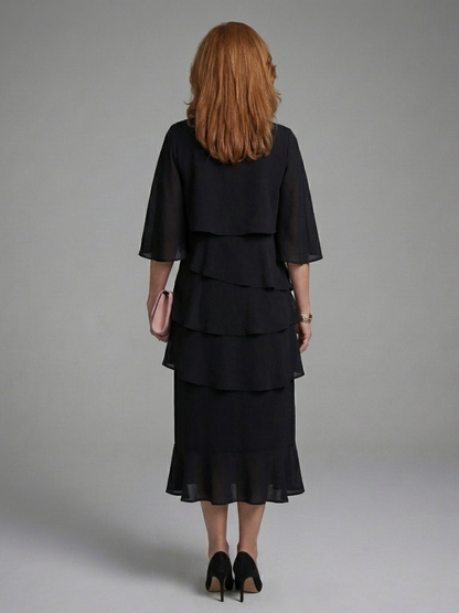 Elegant Black Tiered Fall Wedding Guest Dress for Women with Round Neck Flutter Sleeve Ruffle Hem Flowing Style