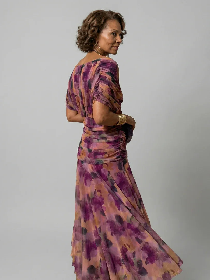 Elegant Midi Dress for Women with Off Shoulder V-Neck Floral Print Ruched Waist Formal Wedding Guest Style