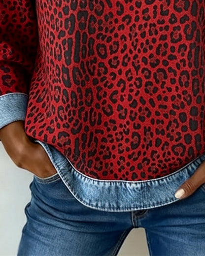 Comfortable Leopard Print Sweatshirt for Women with Crew Neck Long Sleeve Denim Colorblock Relaxed Style