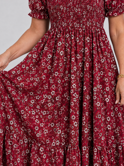 Effortless Floral Midi Dress for Women with Square Neck Puff Sleeve Smocked Bodice A Line Casual Style