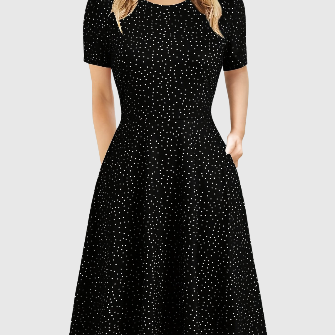 Elegant A Line Dress for Women with Round Neck Short Sleeve Fit and Flare Midi Casual Retro Style