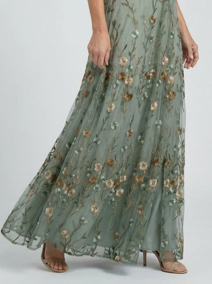 Elegant Sage Green Maxi Dress for Women with V-Neck Flutter Sleeve Floral Embroidered Wedding Guest Style