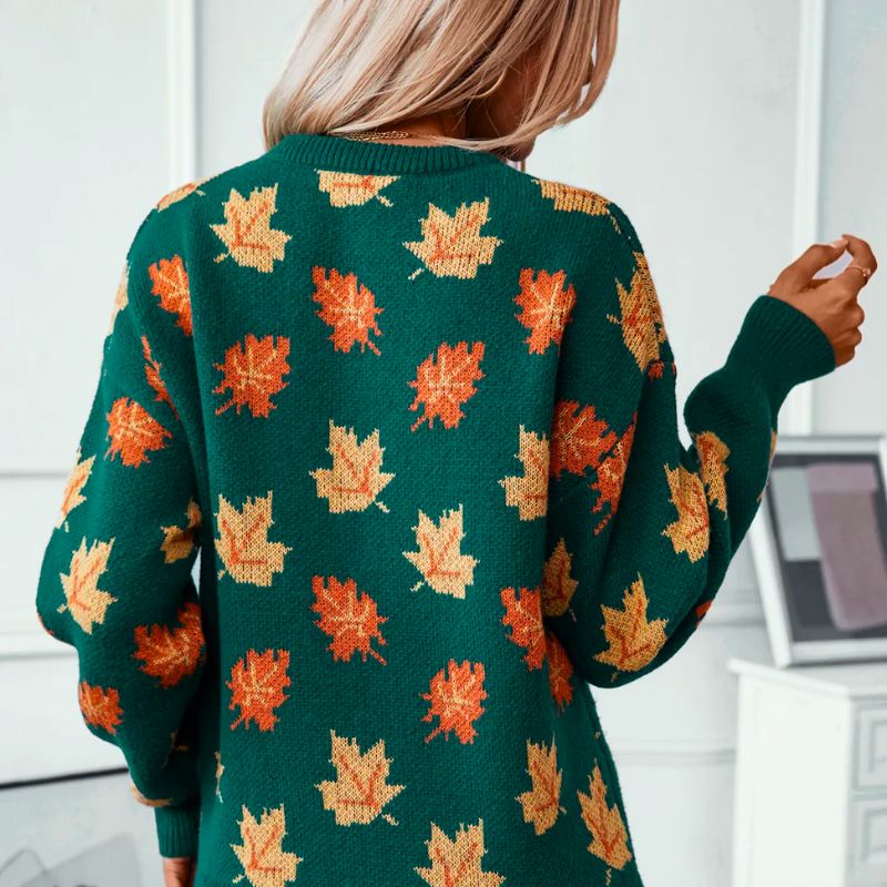 Comfortable Maple Leaf Print Sweater for Women with Crew Neck Long Sleeve Relaxed Oversized Knit Style