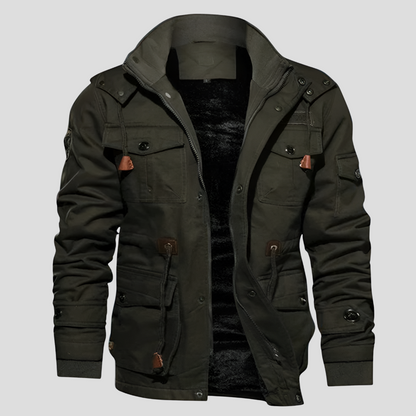 Cozy Hooded Field Jacket for Men with Drawcord Hood Long Sleeve Button Zip Cargo Pocket Style
