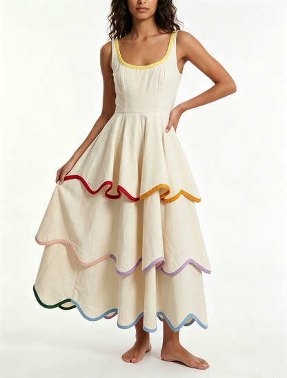 Effortless White Tiered Maxi Dress for Women with Rainbow Trim Sleeveless Ruffle