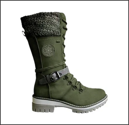 Cozy Knit Cuff Rainproof Boots for Women with Lace Up Buckle Strap Mid Calf Winter Style