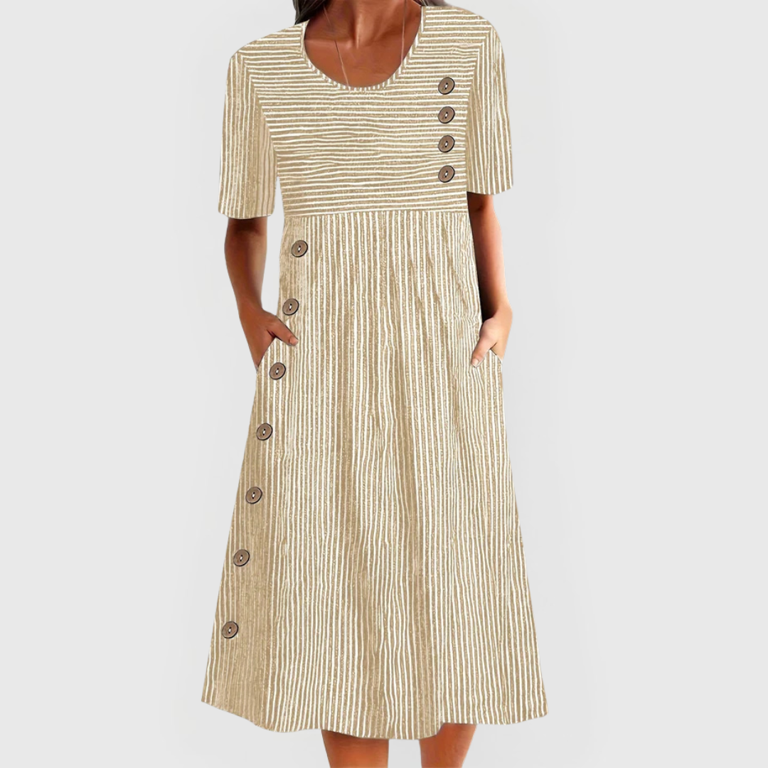 Comfortable Striped Midi Dress for Women with Short Sleeve Button Detail Side Pockets Casual Style