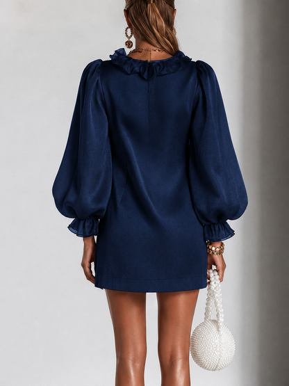 Elegant Navy Satin Cocktail Dress for Women with V Neck Bishop Sleeve Ruffle Trim Mini Formal Party Style