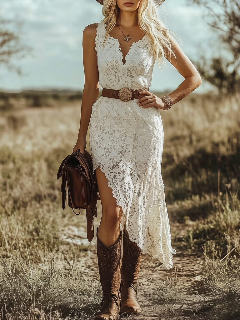 Elegant White Lace Midi Dress for Women with Scalloped V-Neck Asymmetric Hem