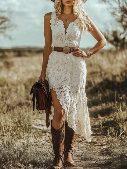 Elegant White Lace Midi Dress for Women with Scalloped V-Neck Asymmetric Hem