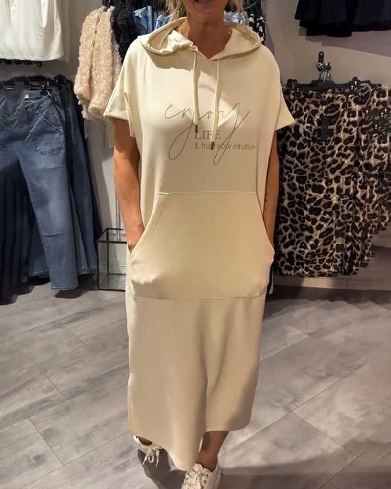 Comfortable Orange Hoodie Midi Dress for Women with Drawstring Hood Short Sleeve Kangaroo Pocket Relaxed Style