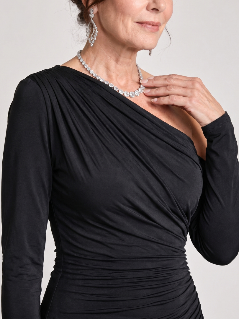 Elegant Black Maxi Dress for Women with One Shoulder Long Sleeve Ruched Fitted Formal Wedding Guest Style
