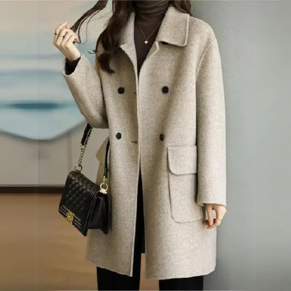 Elegant Wool Coat for Women with Notch Lapel Long Sleeve Double Breasted Relaxed Style
