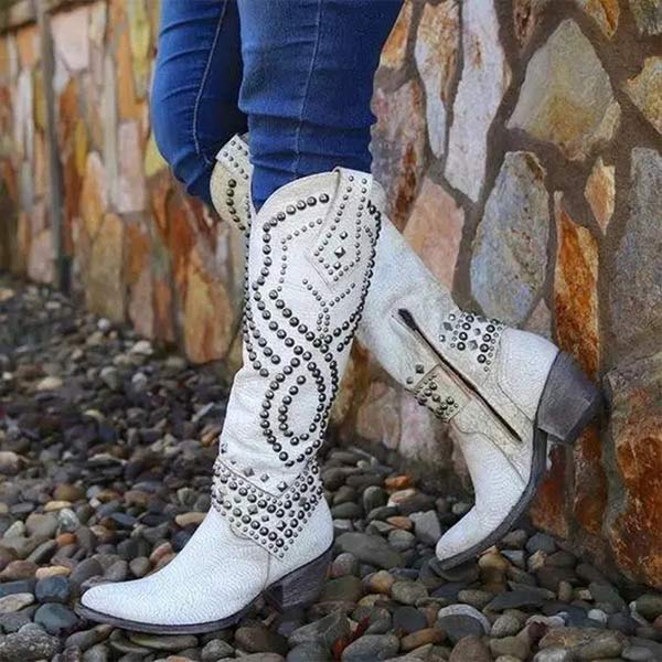 Stylish Cowgirl Boots for Women with Studded Embroidered Pointed Toe Chunky Heel Western Style
