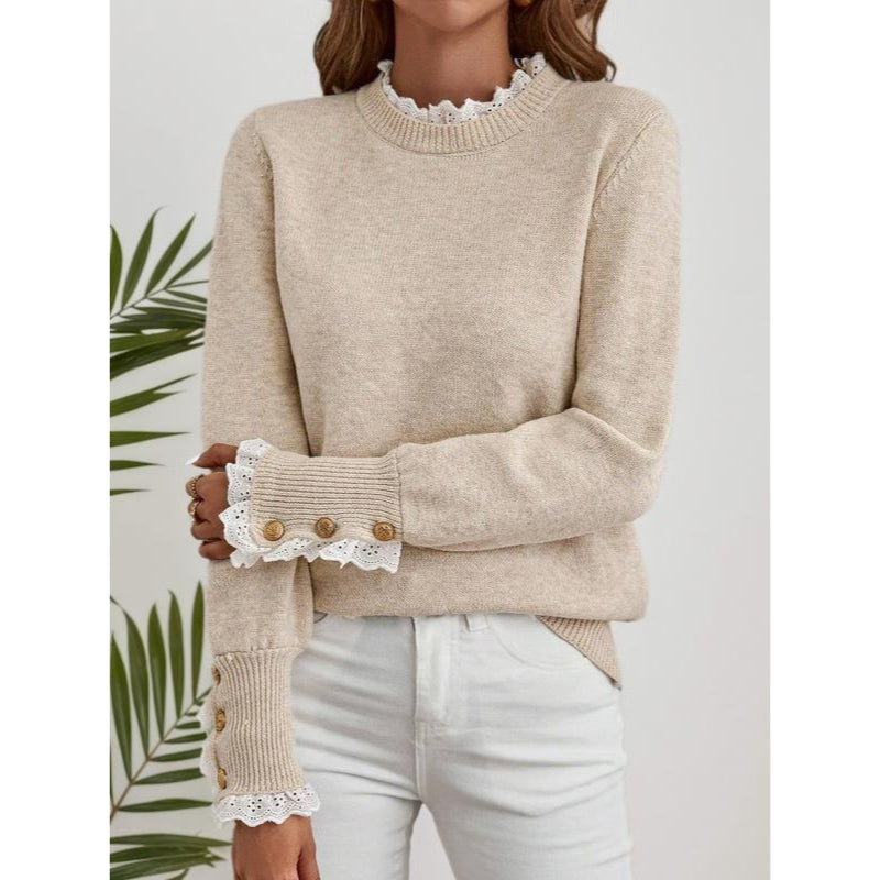 Comfortable Lace Trim Sweater for Women with High Neck Long Sleeve Button Cuff Relaxed Knit Style