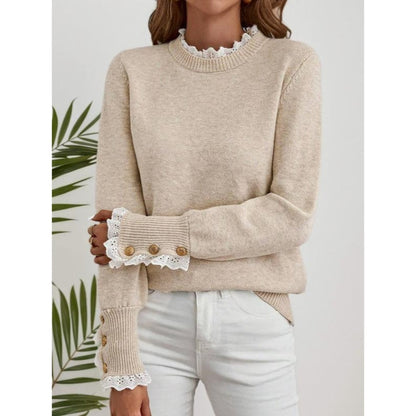Comfortable Lace Trim Sweater for Women with High Neck Long Sleeve Button Cuff Relaxed Knit Style
