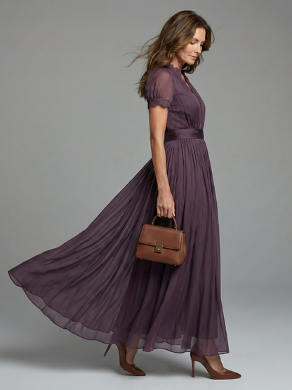 Elegant Purple Maxi Dress for Women with V-Neck Lace Trim Short Sleeve Gathered Waist Wedding Guest Style