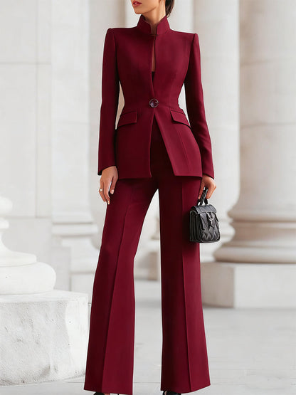 Elegant Tailored Women's Suit for Women with Stand Collar Long Sleeve Wide Leg Two Piece Style
