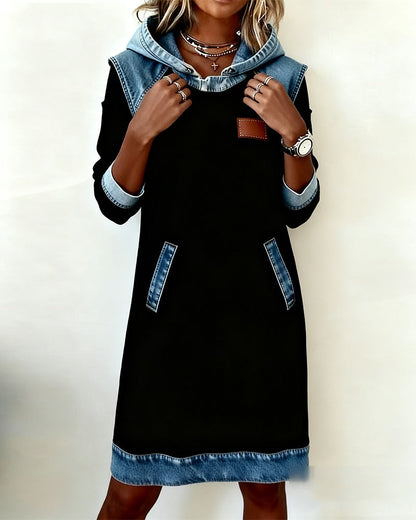 Effortless Colorblock Denim Dress for Women with Hooded Long Sleeve Raglan Pocket Casual Style