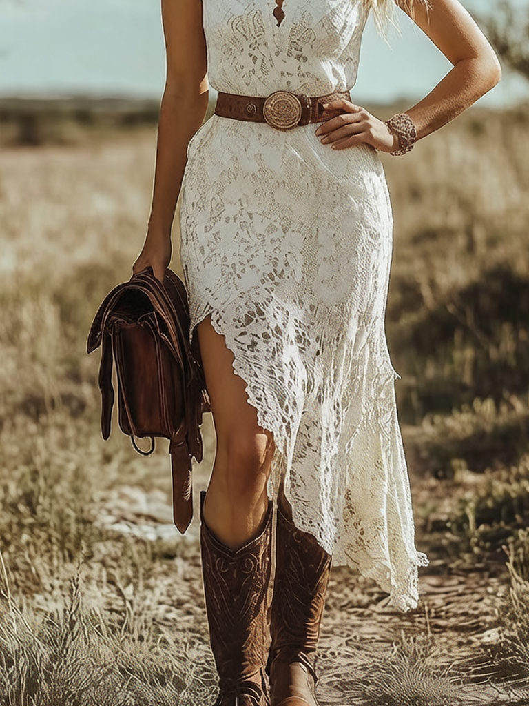 Elegant White Lace Midi Dress for Women with Scalloped V-Neck Asymmetric Hem