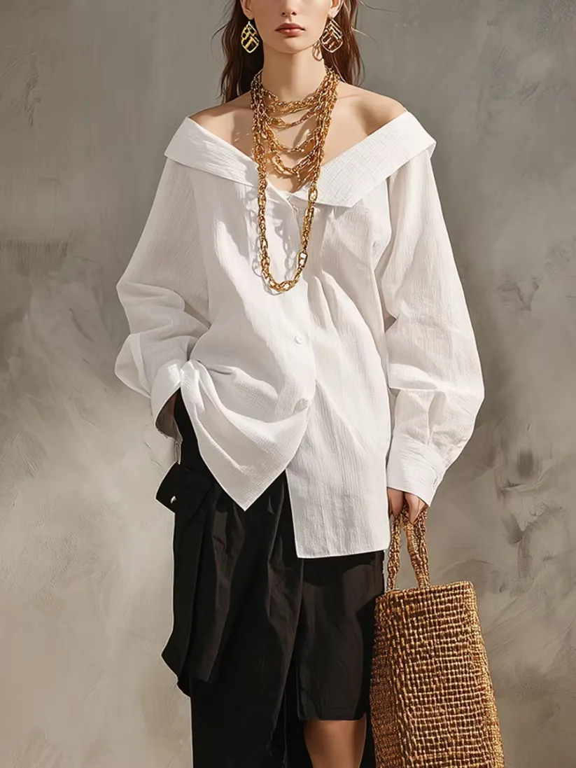 Effortless White Button Down Shirt for Women with Off Shoulder Long Sleeve Relaxed Set Style