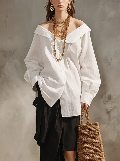 Effortless White Button Down Shirt for Women with Off Shoulder Long Sleeve Relaxed Set Style