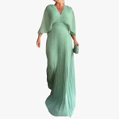 Elegant Pleated Fall Wedding Guest Dress for Women with V Neck Bell Sleeve Maxi Flowing Style