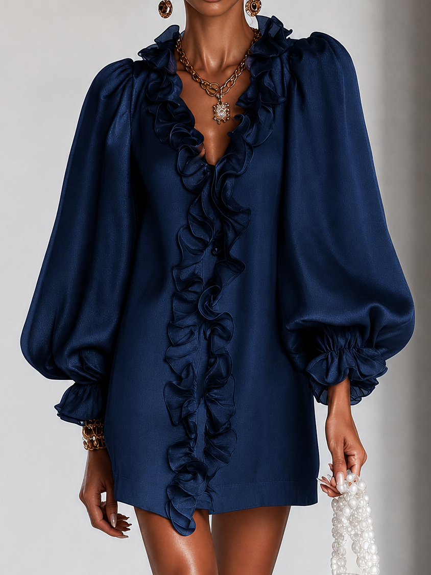 Elegant Navy Satin Cocktail Dress for Women with V Neck Bishop Sleeve Ruffle Trim Mini Formal Party Style