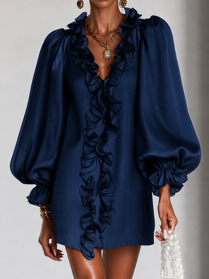 Elegant Navy Satin Cocktail Dress for Women with V Neck Bishop Sleeve Ruffle Trim Mini Formal Party Style