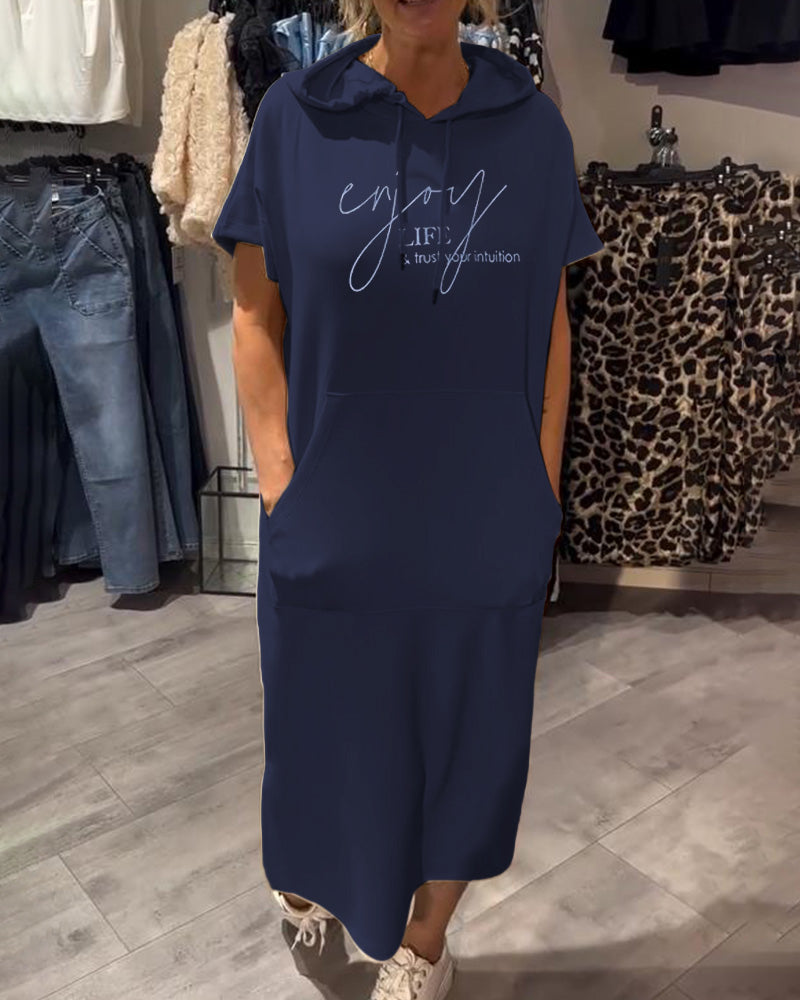 Comfortable Orange Hoodie Midi Dress for Women with Drawstring Hood Short Sleeve Kangaroo Pocket Relaxed Style