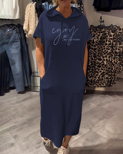 Comfortable Orange Hoodie Midi Dress for Women with Drawstring Hood Short Sleeve Kangaroo Pocket Relaxed Style