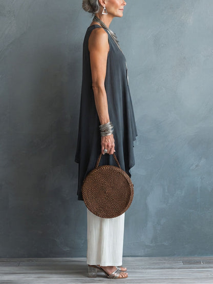 Effortless Gray Sleeveless Tunic for Women with High Low Hem Flowy Draped Style
