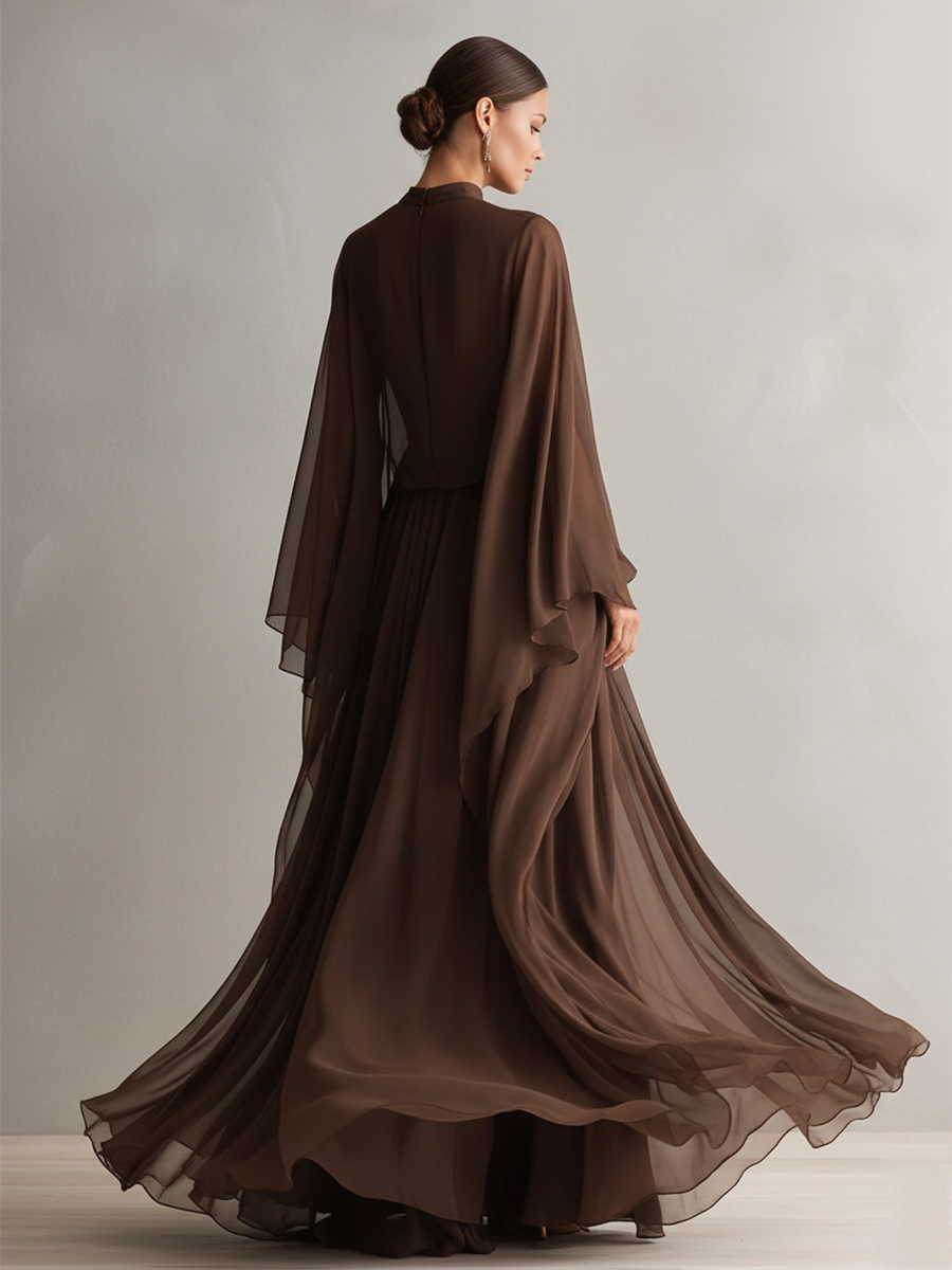 Elegant Brown Maxi Dress for Women with Turtleneck Cape Sleeve Flowing Chiffon Formal Wedding Guest Style