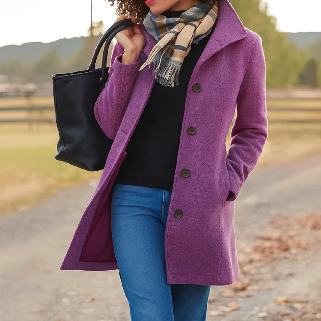Elegant Wool Coat for Women with Notch Collar Long Sleeve Button Front Tailored Style