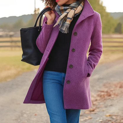 Elegant Wool Coat for Women with Notch Collar Long Sleeve Button Front Tailored Style