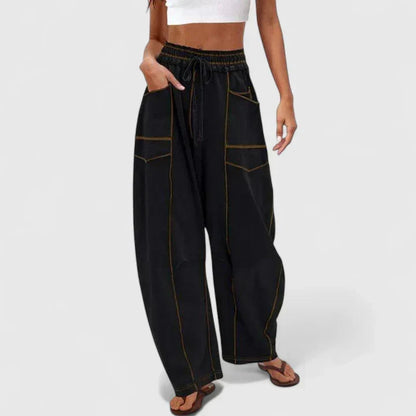 Effortless Khaki Cargo Wide Leg Pants for Women with High Waist Drawstring Patch Pocket Relaxed Style