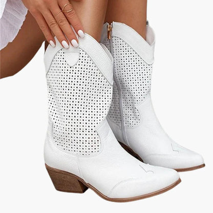 Stylish Perforated Leather Women's Boots for Women with Pointed Toe Block Heel Western Cowboy Style