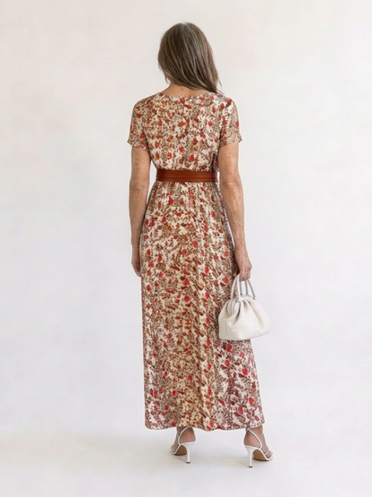 Effortless Floral Mini Dress for Women with V Neck Short Sleeve Belted Flowing Style