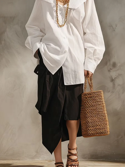 Effortless White Button Down Shirt for Women with Off Shoulder Long Sleeve Relaxed Set Style