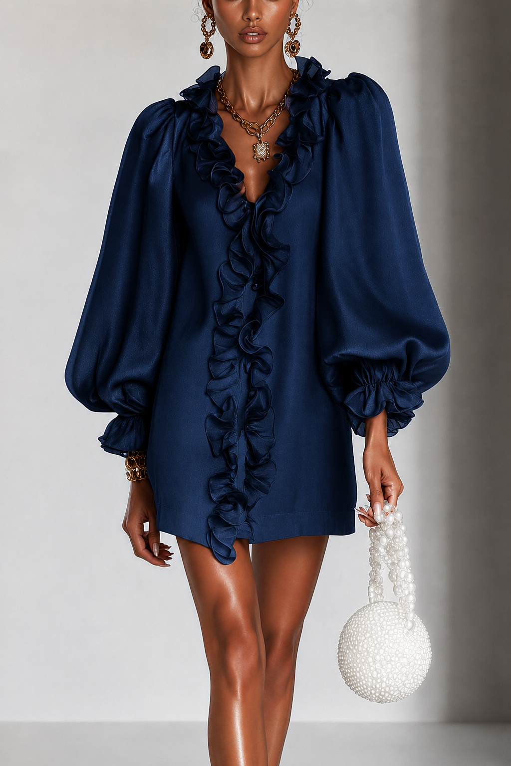 Elegant Navy Satin Cocktail Dress for Women with V Neck Bishop Sleeve Ruffle Trim Mini Formal Party Style